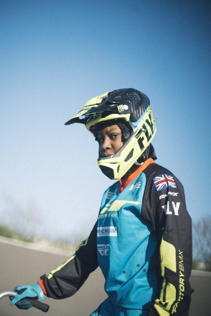 black female in helmet, BMX rider Shani